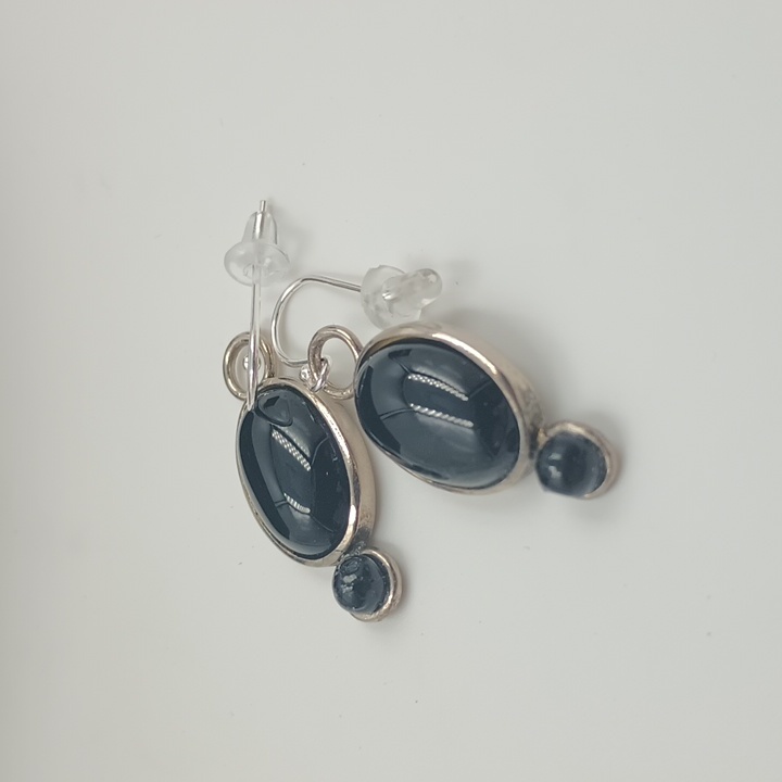 Black Oval & Sterling Up Cycled Earrings Vintage Eclectic Casual Dressy Business